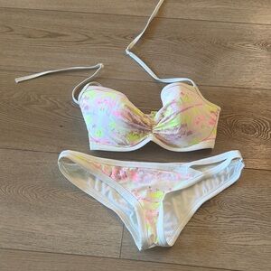 Victoria's Secret White Bikini with Pink and Neon Yellow Accents